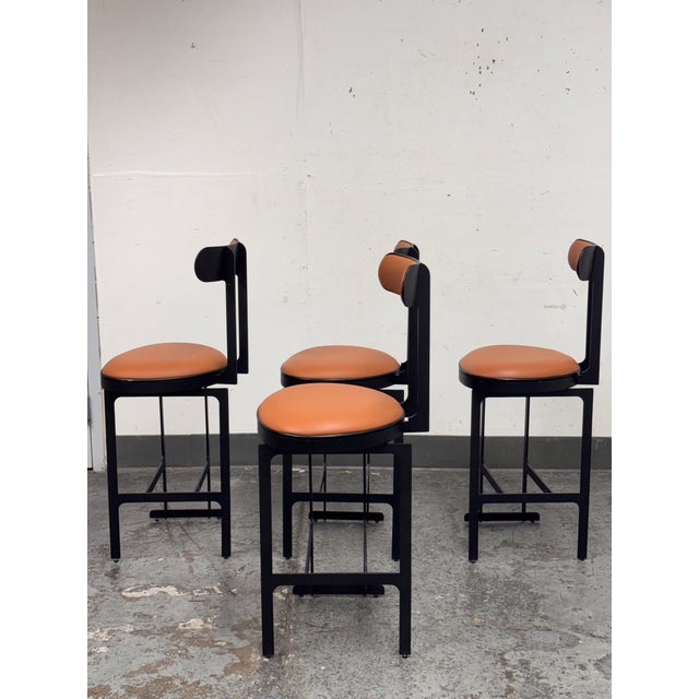 2010s Michael Oren Design Custom Porter Place Style Swivel Faux Leather Counter Stools, Set of Four For Sale - Image 5 of 12