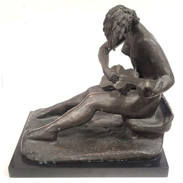 Vintage American Mid-Century Modern Bronze Sculpture Girl Playing Guitar by Weiner For Sale - Image 11 of 18