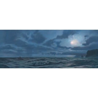 Homeward Bound by Mark Harrison | Oil on canvas painting of a boat in rough seas under a moonlit sky For Sale