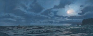 Homeward Bound by Mark Harrison | Oil on canvas painting of a boat in rough seas under a moonlit sky