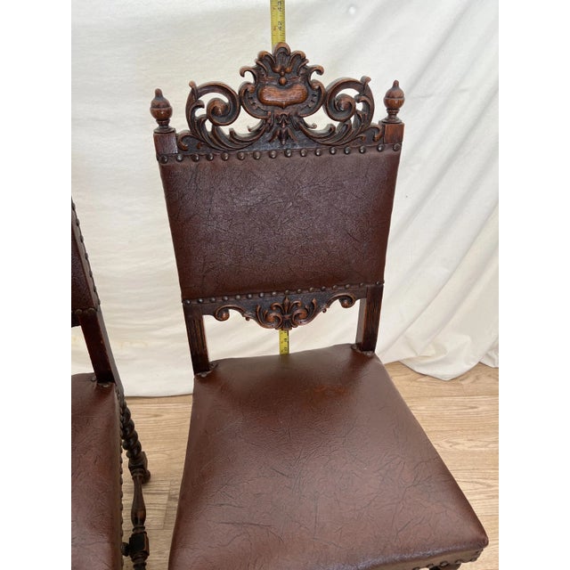 Brown Antique Gothic Side Chairs Set of Two Barley Twist Legs Hand Carved Solid Oak For Sale - Image 8 of 13