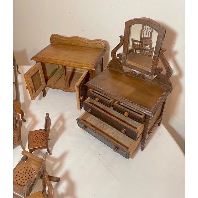 Set of 8 Antique Handmade Mini Wood Bedroom Set Tramp Art Furniture Dresser Bed Vanity For Sale - Image 11 of 14
