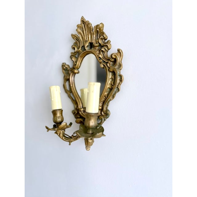 Mid-Century French Rococo Revival Brass Wall Mirror Sconce, 1950s For Sale - Image 10 of 16