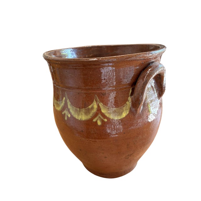 French Country Antique French Terracotta Pitcher Pot With Hand-Painted Swag Design For Sale - Image 3 of 9