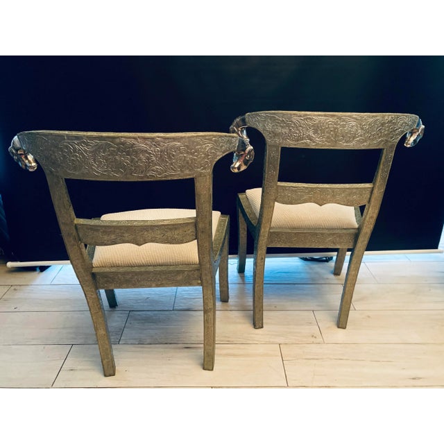 Anglo Indian Pair of Neoclassical Side Chairs, Wrapped in Metal With Pewter Rams Heads,Gustavian For Sale - Image 4 of 13
