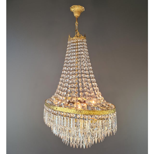 Antique Art Nouveau Low Oval Plafonnier Crystal Chandelier Brass Lustre Ceiling For Sale - Image 13 of 13
