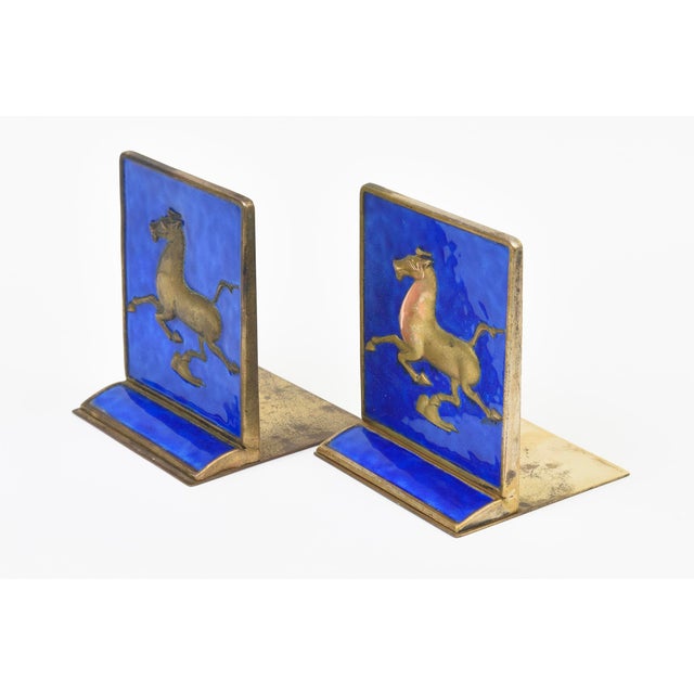 Mid-Century Modern Vintage Chinese Enamel and Gold Plated Horse Bookends, 1950's For Sale - Image 3 of 12