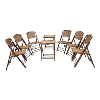 Mid Century Modern British Colonial Style Bamboo Folding Chairs & Folding Bamboo Tables For Sale