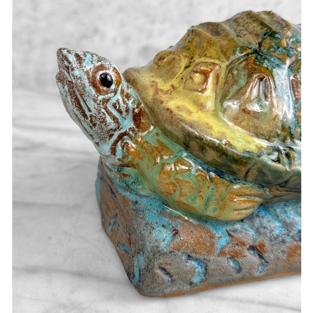 Turquoise Vintage 1970s Stoneware Drip Glazed Turtle Garden Sculpture For Sale - Image 8 of 11