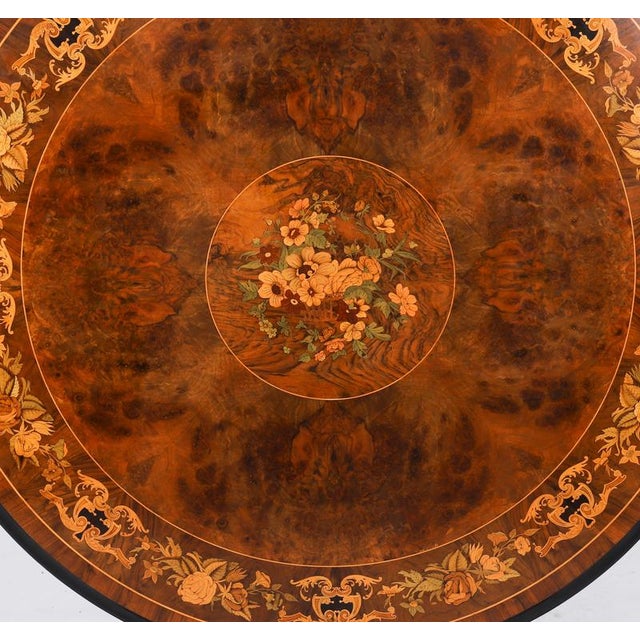Antique Victorian Burr Walnut and Floral Marquetry Loo Table, 1800s For Sale - Image 6 of 16