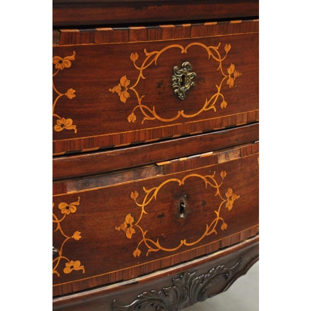 Wood Antique French Louis XV Style Marquetry Inlay Walnut Bombe Commode Chest Dresser For Sale - Image 7 of 12