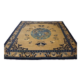 1890s Antique Mongolian Chinese Camel Dragon Medallion Square Hand Knotted Rug For Sale