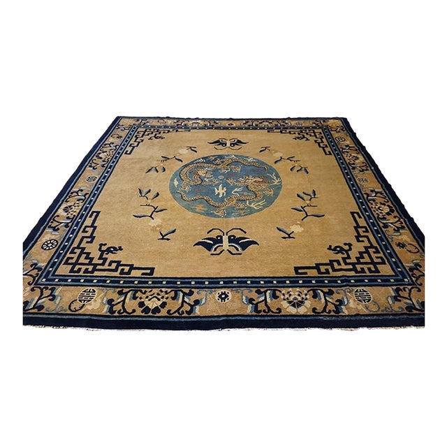 1890s Antique Mongolian Chinese Camel Dragon Medallion Square Hand Knotted Rug For Sale