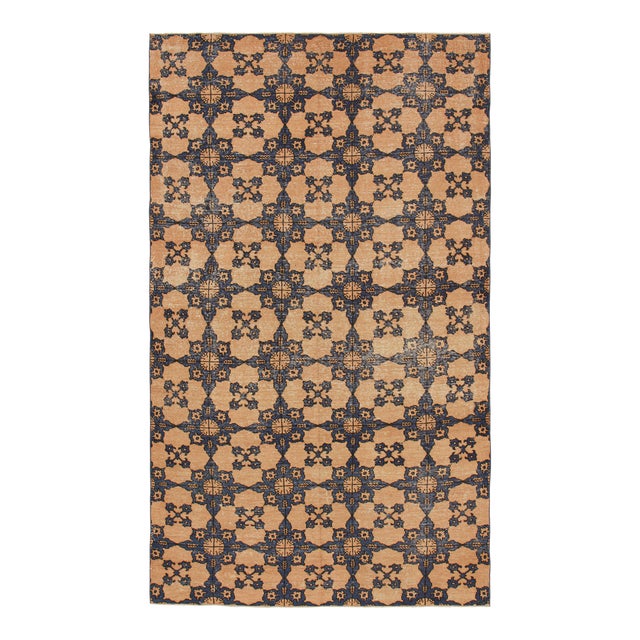 Vintage Zeki Müren Rug in Beige and Blue Geometric Medallions, From Rug & Kilim For Sale