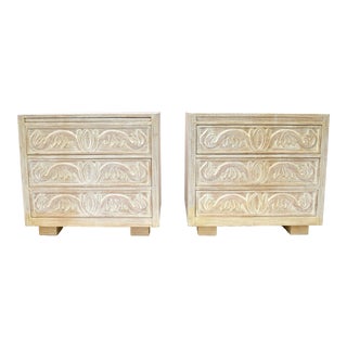 Pair of Nightstands Hand Carved & Cerused For Sale