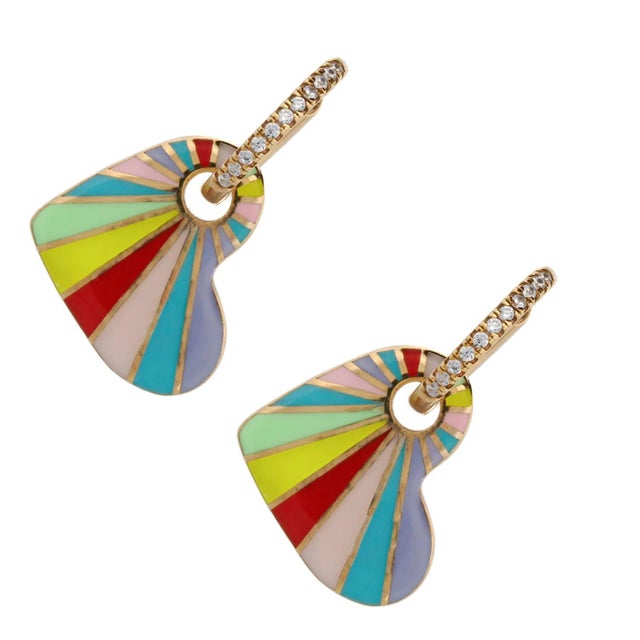 Contemporary Rainbow Enamel Heart Gold & Diamond Hoop Earrings, A Pair For Sale - Image 3 of 6