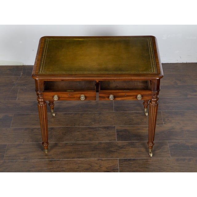 English 19th Century Mahogany Desk with Green Leather Top and Reeded Legs For Sale - Image 12 of 12