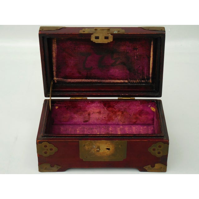 Wood Vintage Chinese Rosewood Jewelry Box With Brass Fittings and Carved Jade Inlay For Sale - Image 7 of 7