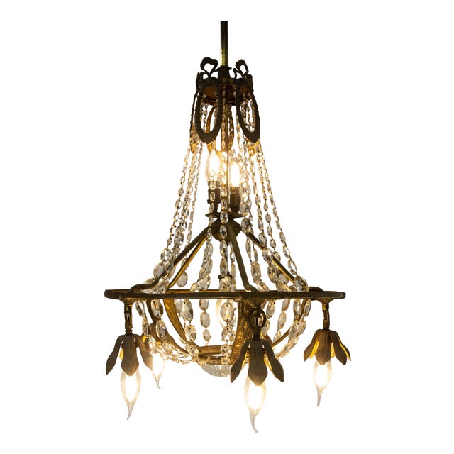 French Brass Chandelier with Crystal Drops, 1900s For Sale