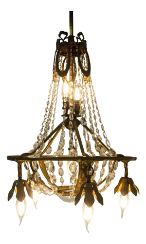 French Brass Chandelier with Crystal Drops, 1900s