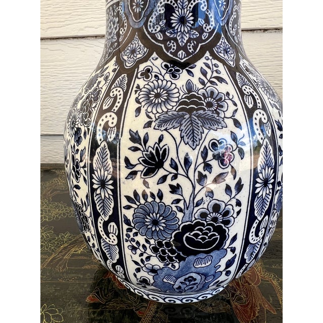 Vintage Large Delft Trumpet Vase Blue and White Floral Boch Royal Sphinx Urn For Sale - Image 10 of 18