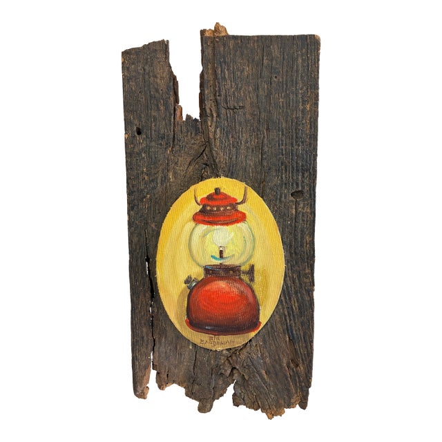 Original Folk Art Lantern Painting on Reclaimed Wood Rustic Primitive Wall Sculpture For Sale