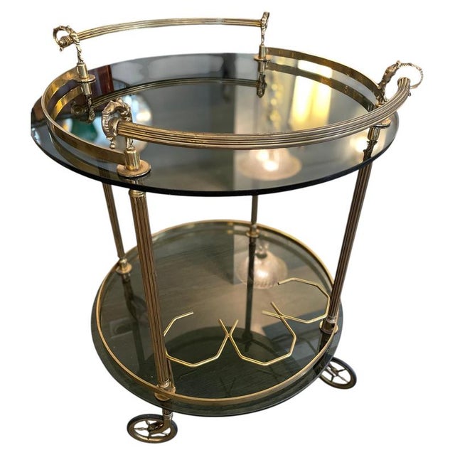 Round Brass and Smoked Glass Serving Trolley, 1970s For Sale - Image 12 of 12