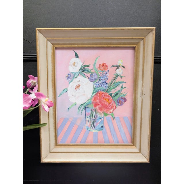 Pastel Hued Still Life Vase with Flowers Painting on Canvas Framed Unsigned by the Artist, Cyndi