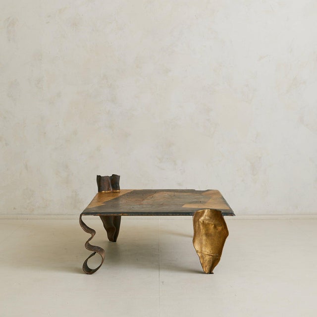 French Brutalist Iron + Gold Leaf Coffee Table Attributed to Jean-Jacques Argueyrolles For Sale - Image 9 of 11