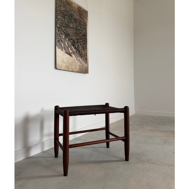 Mid-Century Modern Danish Cord Woven Bench Ottoman Hand-Crafted Midcentury (France) 1960s Weathered For Sale - Image 3 of 13