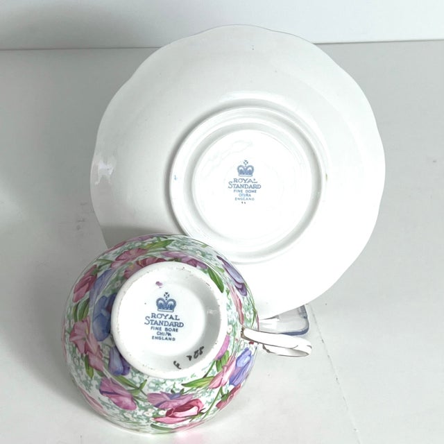 1970s Reserved - Vintage Sweet Pea Tea Cup & Saucer, April Birthday Flower of the Month, Royal Standard Bone China, England For Sale - Image 5 of 7