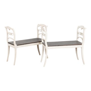 Late 19th Century Pair of Swedish Gustavian White Painted Benches With Black Seats For Sale