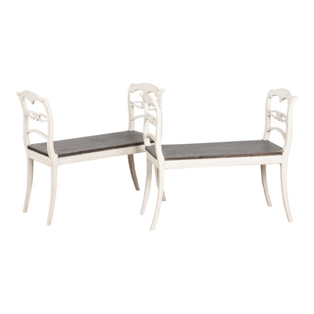 Late 19th Century Pair of Swedish Gustavian White Painted Benches With Black Seats For Sale