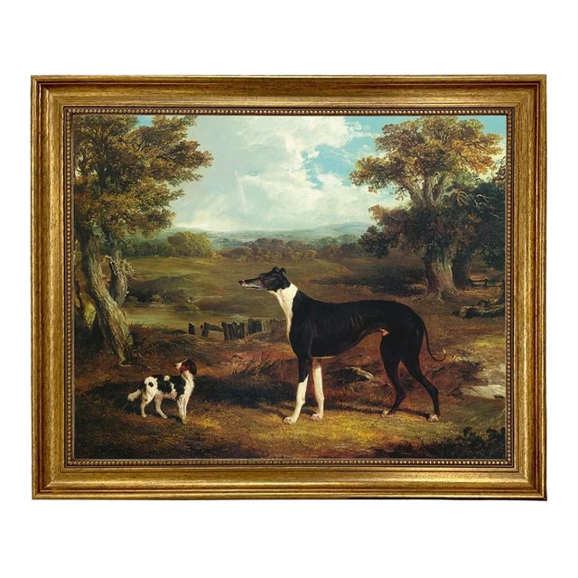 Greyhound and King Charles Spaniel Print on Canvas in Wide Antiqued Gold Frame- 16x20 Framed to 19-1/2" X 23-1/2" For Sale