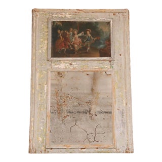 18th Century Green Patinated Wood and Canvas Inset Trumeau Mirror For Sale