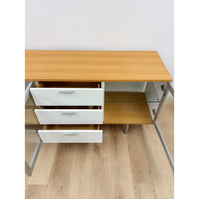 Modern MCM Wood Glass Metal Sideboard Credenza White Natural Frosted Glass For Sale - Image 9 of 13
