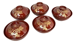 Shōwa Era Urushi Maki-E Rice Bowls, Japan, 1950s, Set of 5