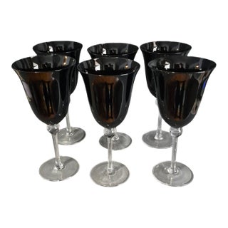 Vintage Mid-Century Modern Black Dark Amethyst Clear Stem Goblets Glasses - Set of Six For Sale