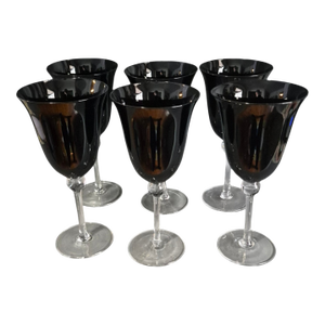 Vintage Mid-Century Modern Black Dark Amethyst Clear Stem Goblets Glasses - Set of Six