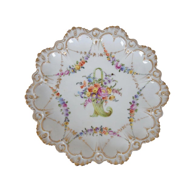 Victorian Set of 2 Antique Franziska Hirsch Dresden Porcelain Polychrome Scalloped Floral Plates For Sale - Image 3 of 10