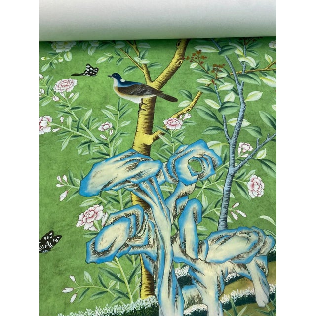 Chinoiserie Flowers in a over-painted pattern colorway printed on emerald ground, . These prints of chinoiserie birds and...