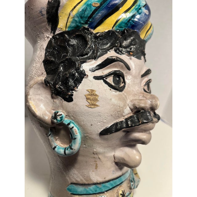 1950s Circa 1950s Sicilian Majolica Moor Head Hand Made Ceramic Vase 10.5"h For Sale - Image 5 of 11