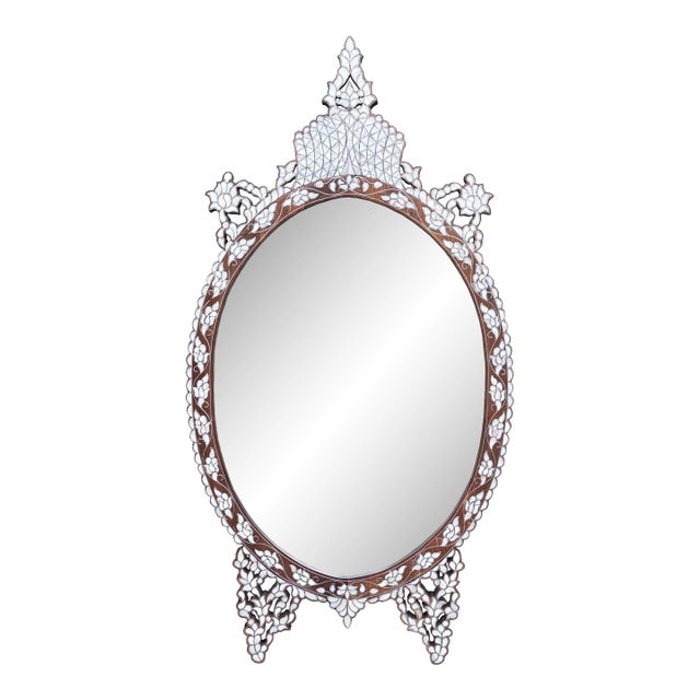 Oval Mother of Pearl Inlaid Ornate Mirror For Sale