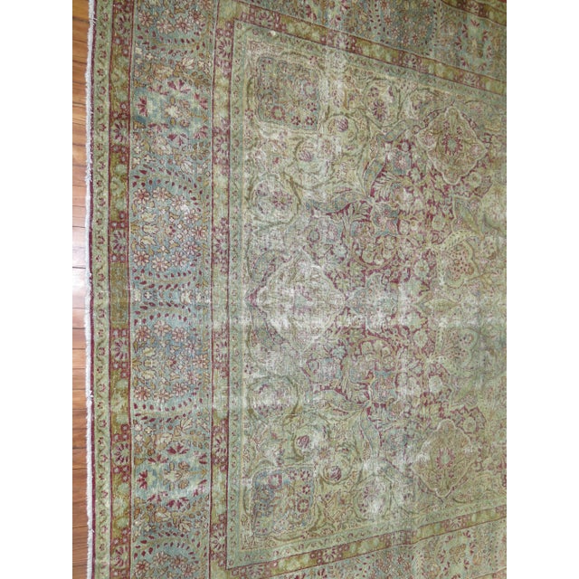 Green Early 20th Century Traditional Worn Persian Kerman Room Size Rug - 8'4" x 12' For Sale - Image 8 of 11