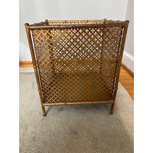 Mid-Century Modern Faux Bamboo and Gilt Metal Waste Can For Sale - Image 3 of 11