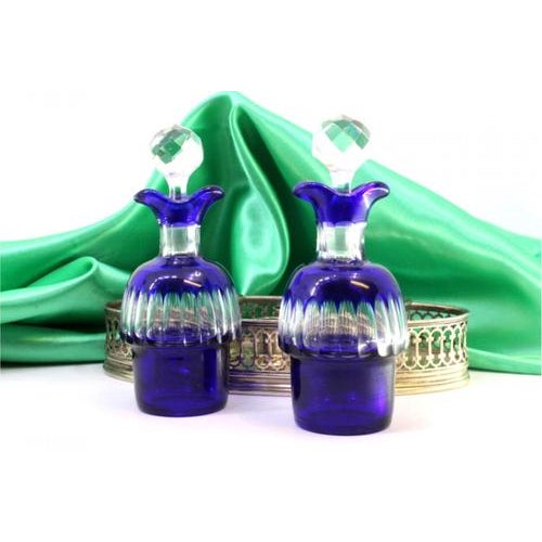 Silver Liqueur Decanter with Cut Blue Glass Tanks and Elliptical-Shaped Grid Base, Set of 3 For Sale - Image 4 of 8