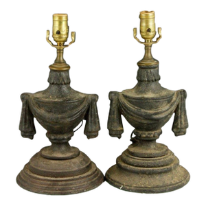Pair of Hollywood Regency Tassel Urn Metal Finial Lamps, 14.25” High