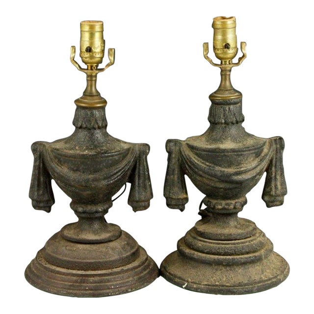 Pair of Hollywood Regency Tassel Urn Metal Finial Lamps, 14.25” High Each For Sale