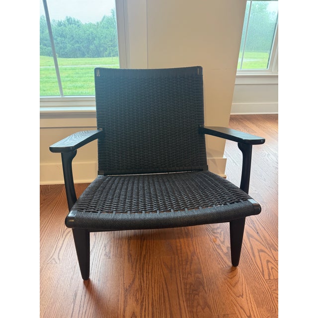 Hans Wegner 1950s Authentic Hans J. Wegner Ch25 Lounge Chairs for Carl Hansen & Son - Black Oak/Black Paper Cord For Sale - Image 4 of 8
