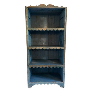 Antique Primitive Blue Painted Open Cupboard With Scalloped Shelves – 80”h For Sale